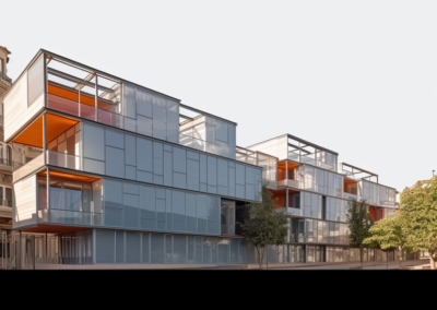 Immeuble moderne blanc et orange, illustration Midjourney pour formation en architecture