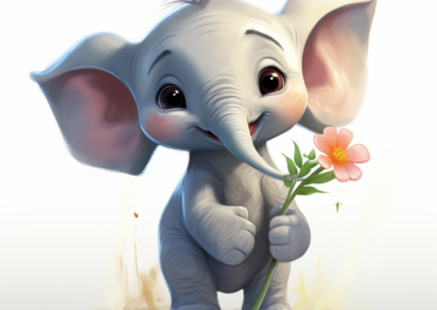 Éléphant tenant une fleur style Disney, création Midjourney pour e-commerçants