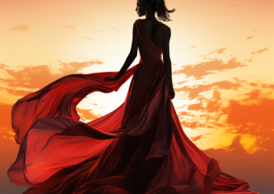 Mannequin en robe rouge flamenco sous un coucher de soleil, créé par Midjourney pour la formation en photographie