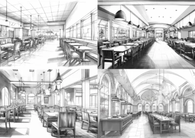 Illustrations de 4 dessins d'intérieur de restaurant faits aux crayons en noir et blanc, symbole de la formation Midjourney Architecture