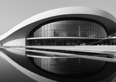Photo en noir et blanc d'un bâtiment d'entreprise inspiré du Centre Technologique de McLaren à Woking, symbole de la formation Midjourney Architecture